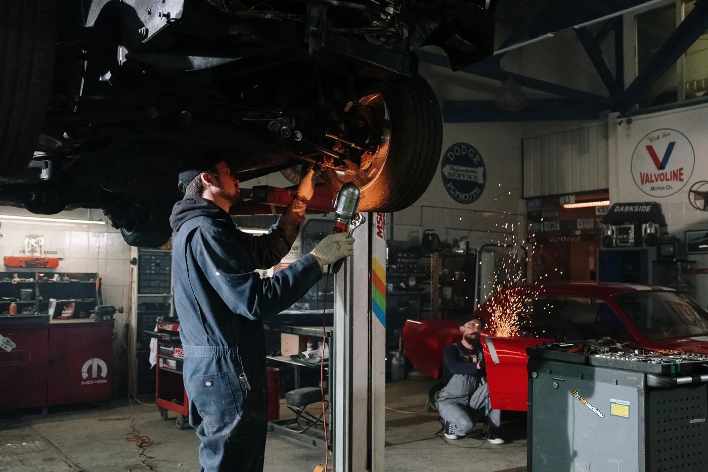Metalwork in a workshop, with sparks